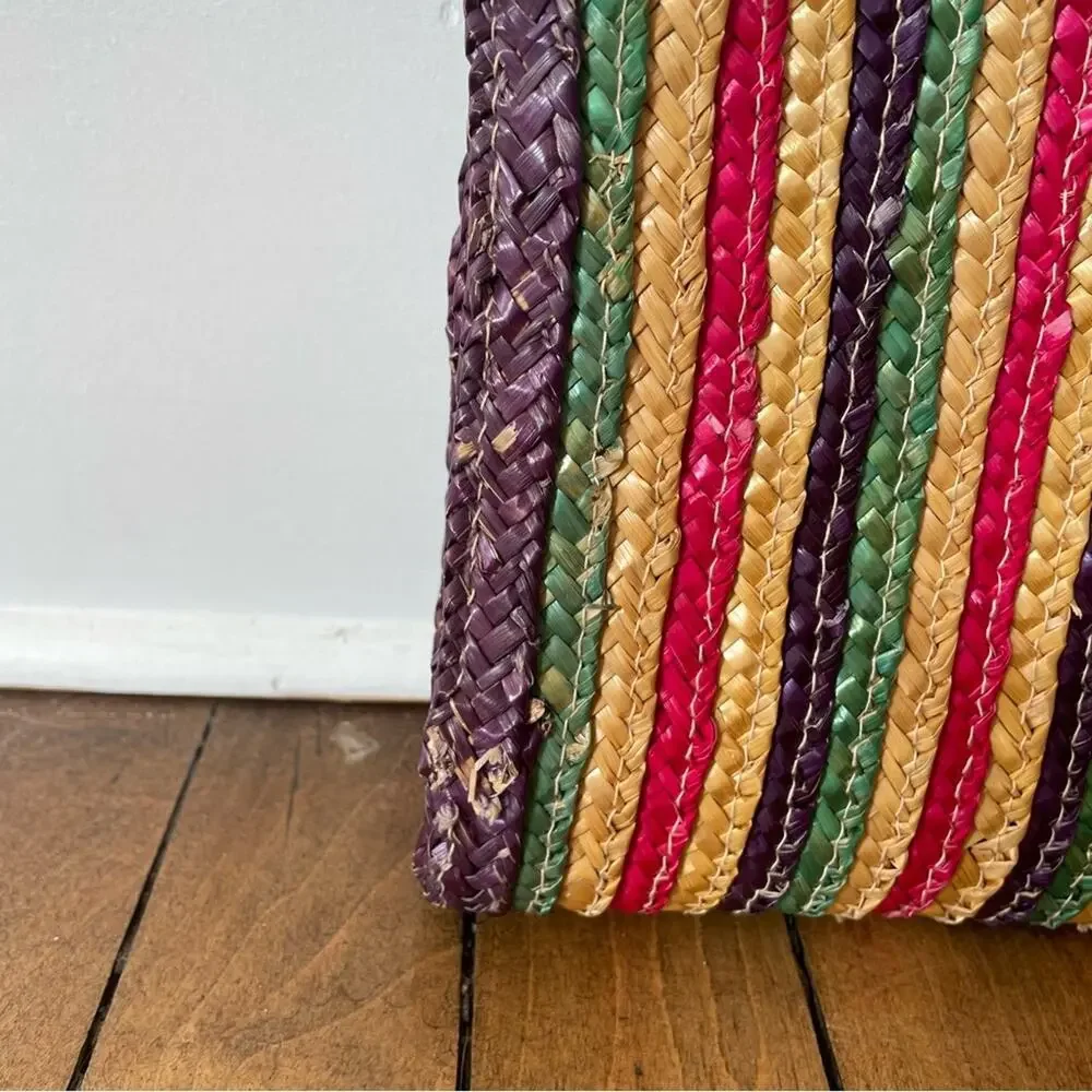 Vintage 80s Rainbow Striped Raffia Straw Envelope Clutch